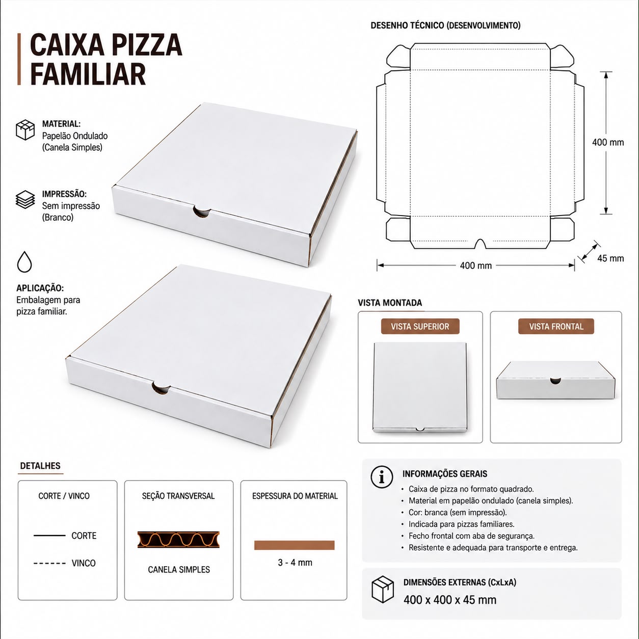 Ficha técnica da Caixa Pizza Familiar da Cartaplast Angola